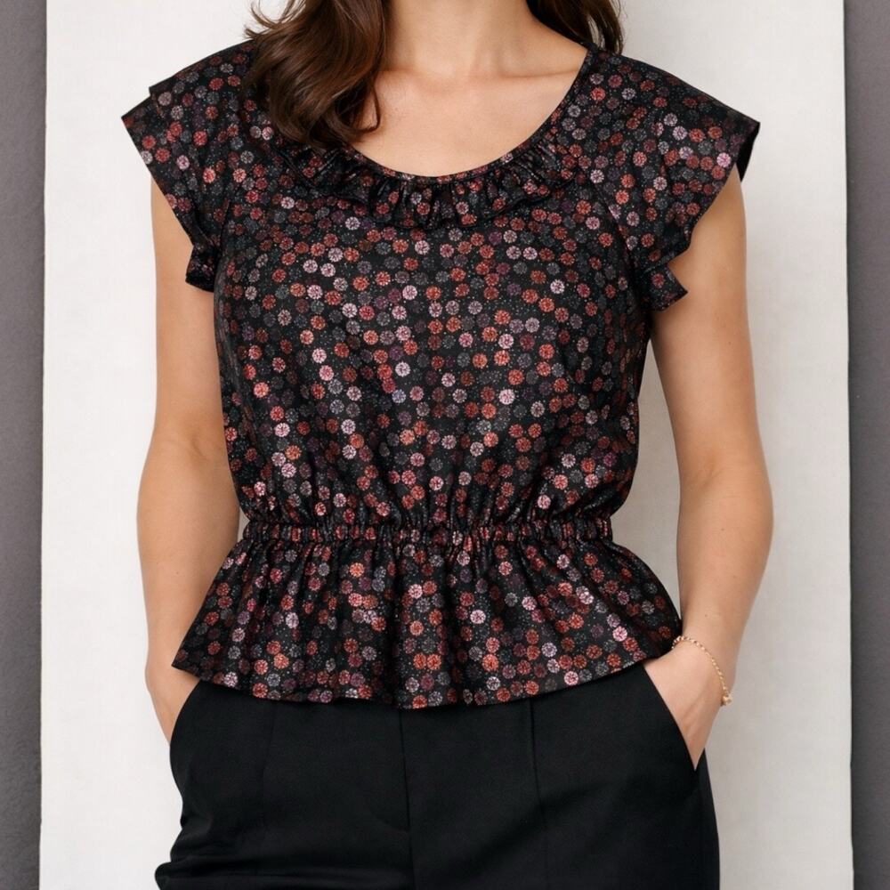Marc by Marc Jacobs Black Multi‎ Metallic Dot Peplum Top Sz 4 Ruffle Neck Silk